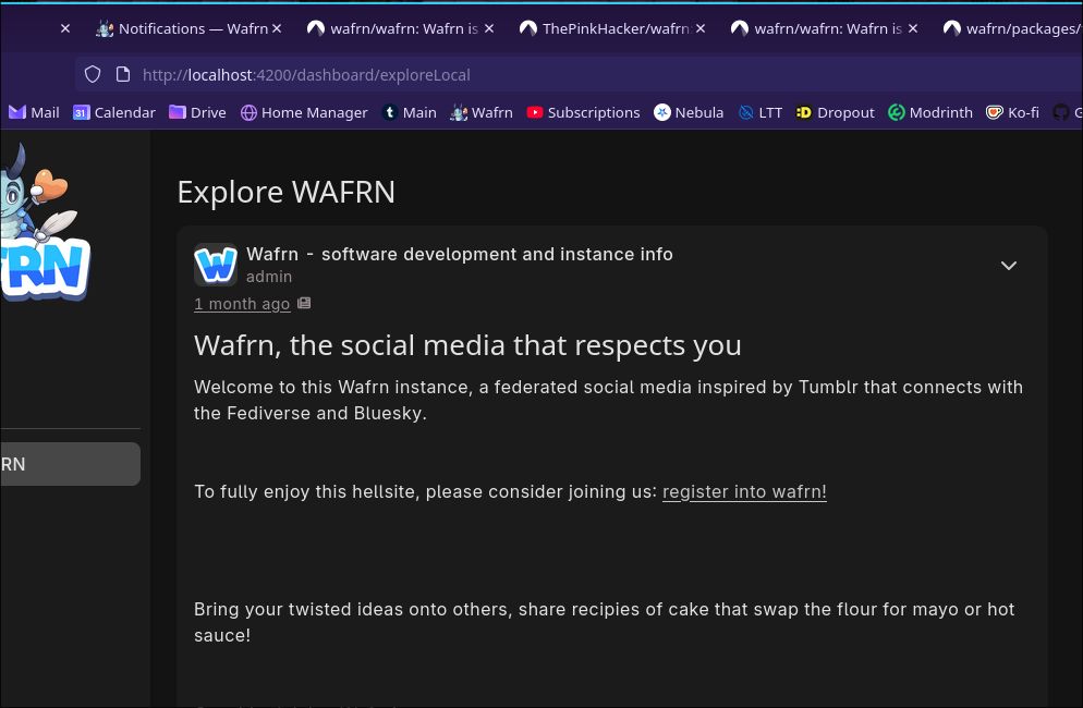 Wafrn's homepage running in Firefox locally.