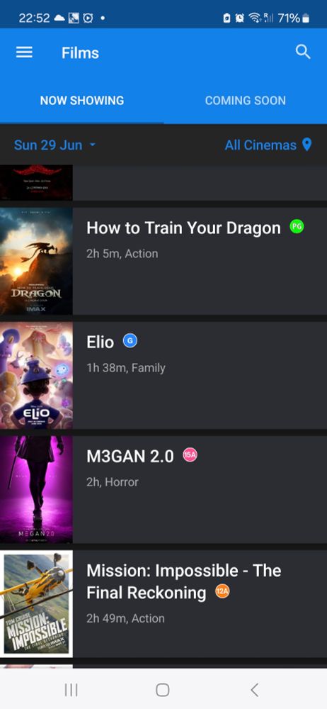 Odeon app listing for Elio and M3gan 2.0