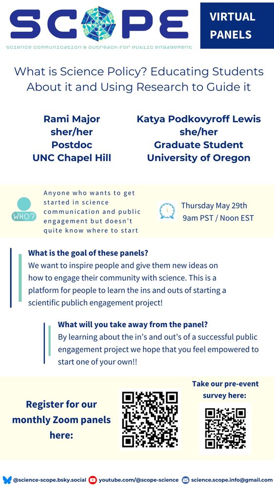 A flyer for the SCOPE panel with Rami Major and Katya Podkovyroff Lewis on Thursday May 29th at 9amPST/noon EST.