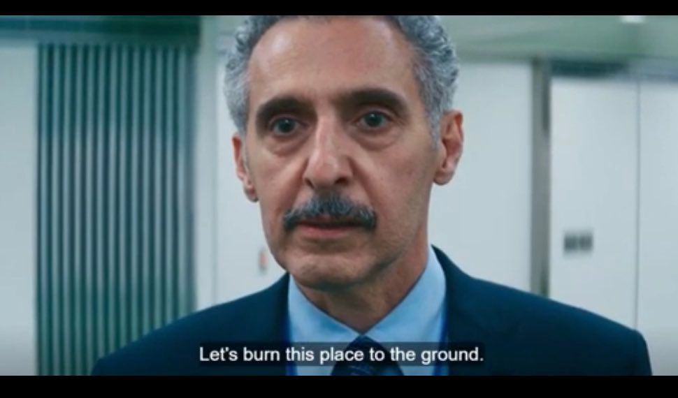 Irving from TV show Severance saying "Let's burn this place to the ground"