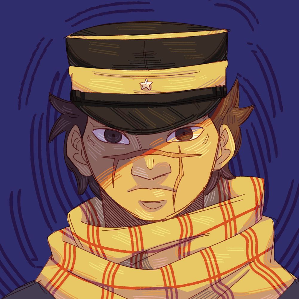 Digital drawing of Sugimoto from Golden Kamuy. The colours are warm, but his hat casts a strong shadow on his face. He's drawn with rough lines and the colouring contains a lot of cross stitch lines.