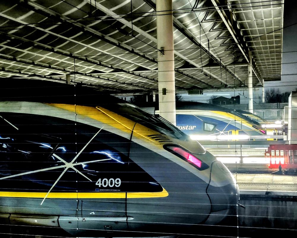 Two Eurostar trains waiting at St Pancras International london