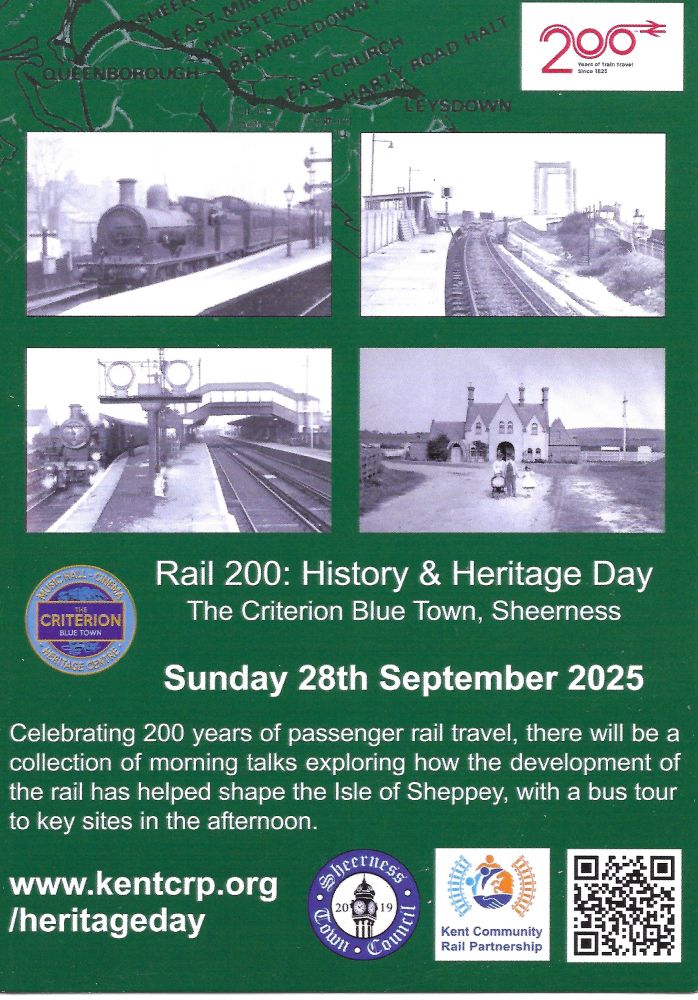 Flyer or poster for a railway 200 event in Sheerness on the 28th September.  Includes talks about local railway history and a bus tour of key sites in the afternoon.  see the Kent community rail partnership website for more details.
