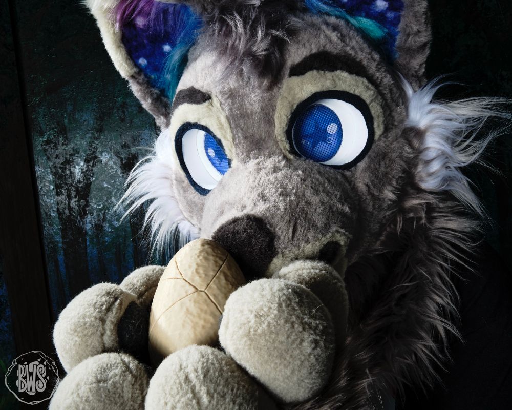 Galaxy the wolf holding a dino egg at the BWS 2025 Photo Booth