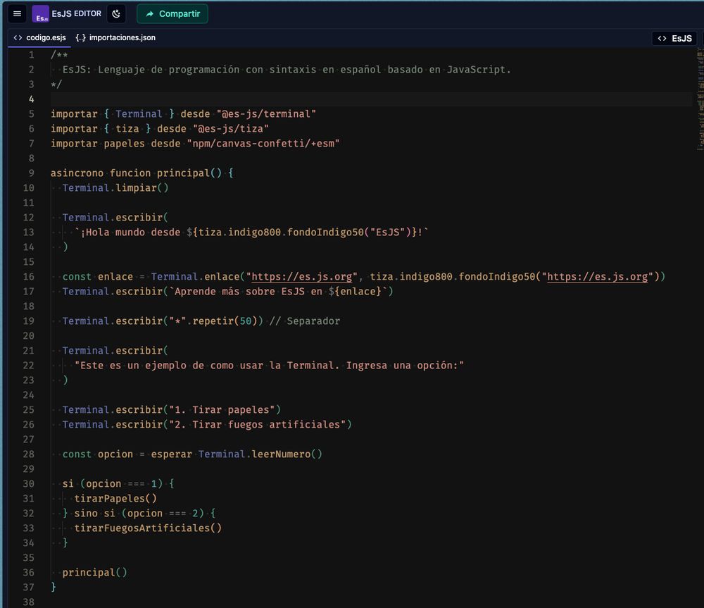 A snippet of "EsJS" - an ECMAScript language with its keywords all in Spanish.