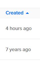 Digital Ocean droplet, just the Created column showing a fresh new 4 hour old droplet, and a 7 year old droplet.