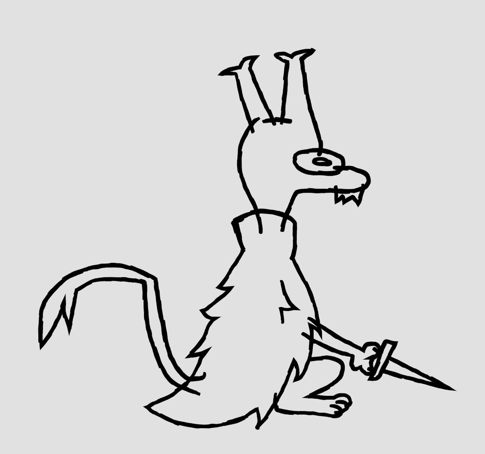 Ahck sitting facing away from the viewer with an oval eye pondering. They are holding a knife.