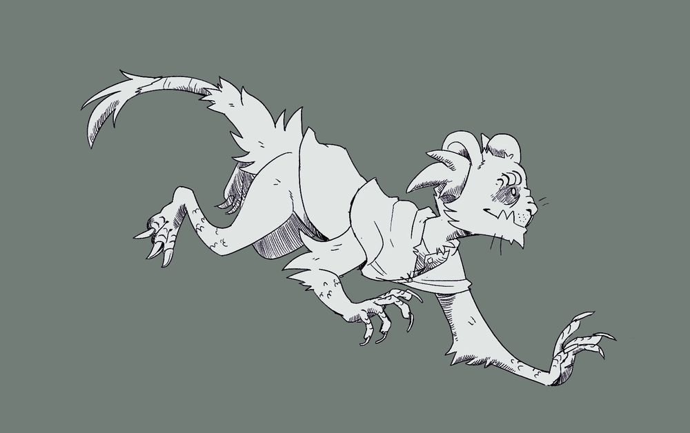 A semi quadruped creature in a jumping pose. Their tail has a bald spot and their muzzle is receded like a pug. They have long human-like claws with reptile scales.