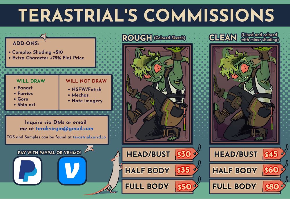 A commission price page. All information can be read at https://terastrial.carrd.co/#commissionprice