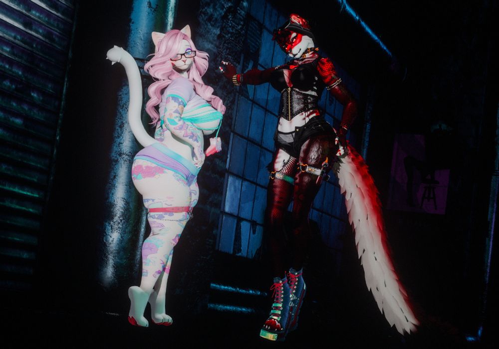 feline vox, grunge fit with torn fishnet and small cat-paw dagger tucked in right garter belt; hand on the wall, intimidating smaller, dumpy white female gamer girl cat; dirty, delipidated dark back alley way
