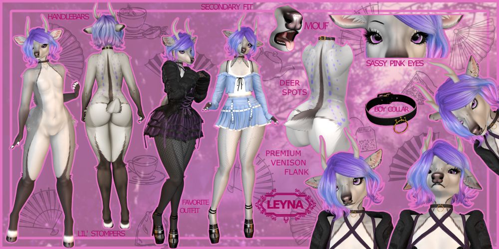 purple and pink spots, gray and brown tones deer leyna femboy male stag buck lolita gothic cute style spotted ref sheet commission secondlife