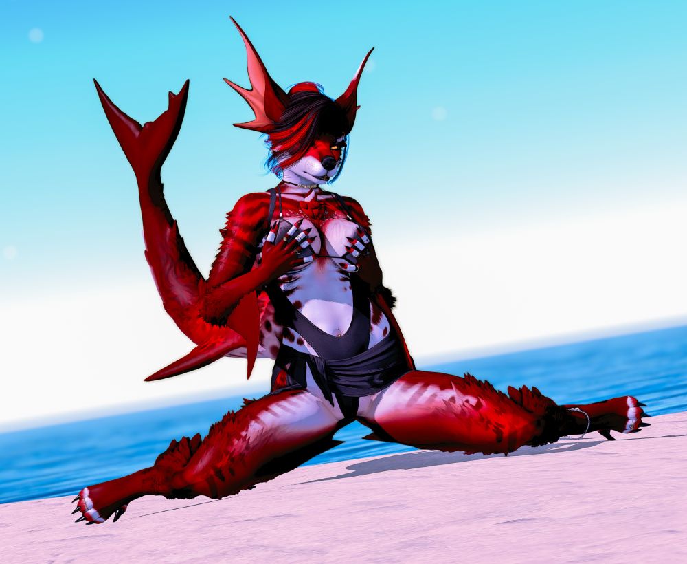 red fluffy female furry shark x vox hybrid, legs spread on sandy shore line beach. grabbing chest. black bathing suit and sheer bikini top with a lifted, tied sarong around the waist. jewelry and piercings. hair pulled back with a claw clip, black makeup, eyeshadow, lips. clear blue skies. flirty, lidded expression