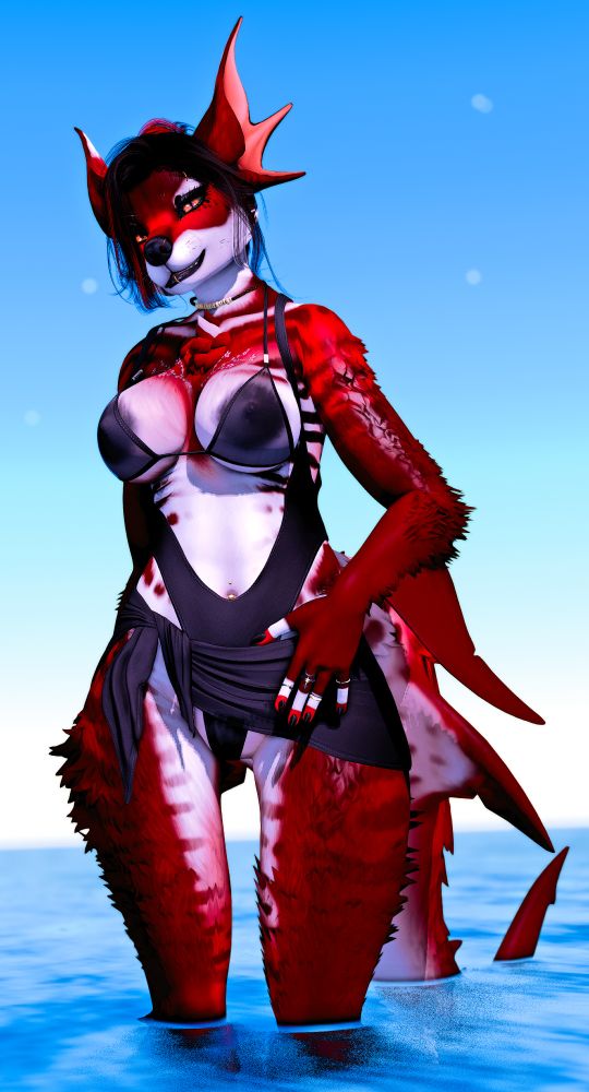 red fluffy female furry shark x vox hybrid, standing in ocean water. black bathing suit and sheer bikini top with a lifted, tied sarong around the waist. jewelry and piercings. hair pulled back with a claw clip, black makeup, eyeshadow, lips. clear blue skies. flirty smirk expression.