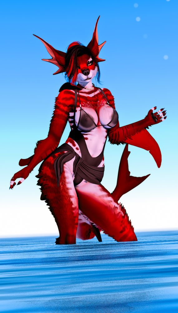 red fluffy female furry shark x vox hybrid, standing and posing in ocean water, arms out, inviting you to join her. black bathing suit and sheer bikini top with a lifted, tied sarong around the waist. jewelry and piercings. hair pulled back with a claw clip, black makeup, eyeshadow, lips. clear blue skies. flirty smile expression.