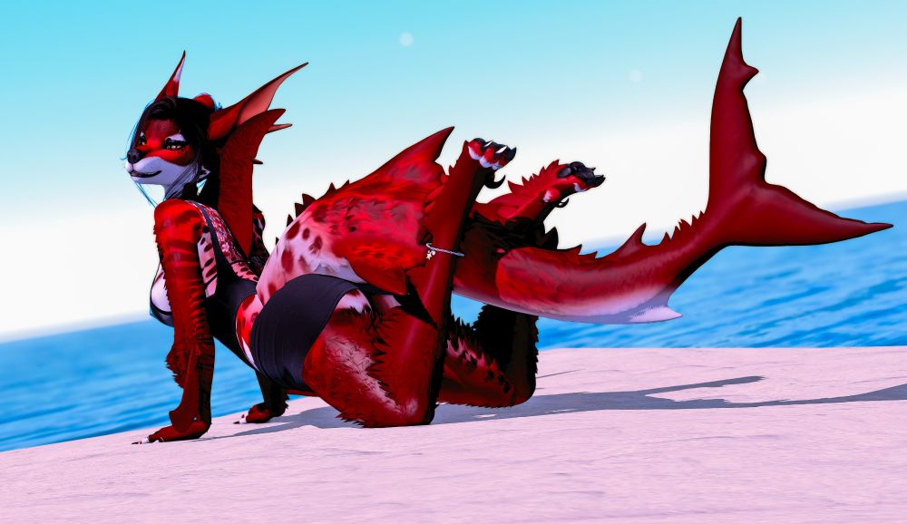 red fluffy female furry shark x vox hybrid, kneeling on all fours sandy ocean shore beach. black bathing suit and sheer bikini top with a lifted, tied sarong around the waist. jewelry and piercings. hair pulled back with a claw clip, black makeup, eyeshadow, lips. clear blue skies. flirty side-eye glance, lips barely parted