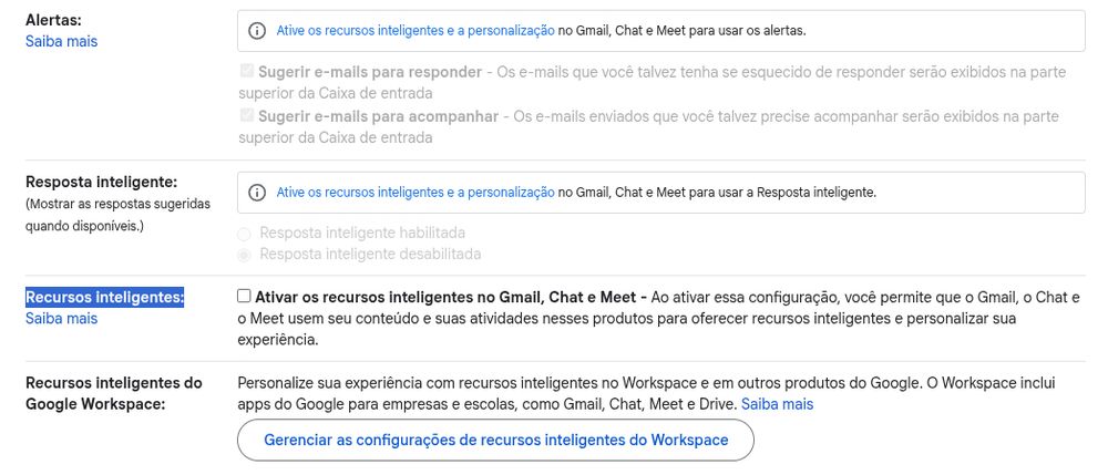 O menu de configuraçoes do Gmail tem "Recursos inteligentes", que desliguei, e "Recursos inteligentes do Google Workspace", que desliguei mas você precisa apertar um botão.