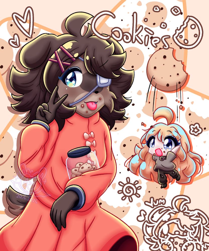 Illustration of Cookie (SoftySapphie's OC) posing while holding cookie jar with their art and a chibi Ashley (from HEARTLODGED, upcoming game) throwing cookie upwards.