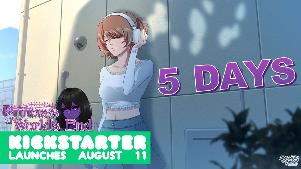 A picture of Jane listening to music reading:

5 DAYS
Princess of Worlds End Kickstarter Launches August 11
Wacol Studios