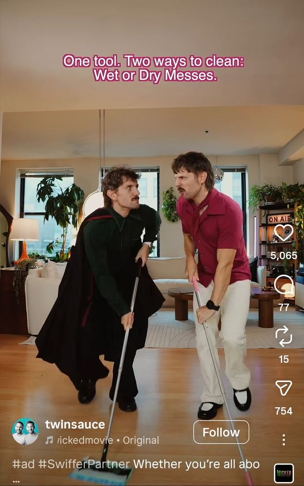 Text stating "One tool: Two ways to clean: Wet or Dry Messes." as two male twins in their 30s do a dance reminiscent of what someone in your high school would choreograph with swiffers, to a song from Wicked, which is something totally normal for 30-something straight Christian men to do.