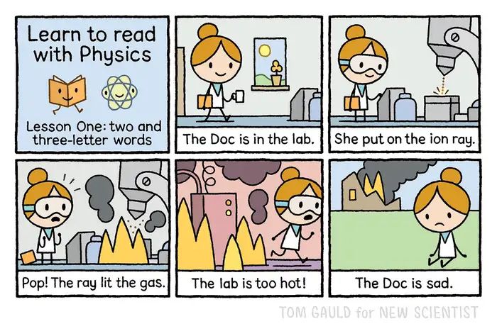 A six panel cartoon.

Panel one:
Title: Learn to read with Physics
Lesson One: two and three-letter words
(image of a smiling book and particle)

Panel two:
A friendly scientist enters a colourful lab carryinh a coiffee and papers.
Text: The Doc is in the lab.

Panel three:
She has put on eye protectors and started a machine
Text: She put on the ion ray.

Panel four:
The machine has caused a small fire. She looks aghast.
Text: Pop! The ray lit the gas.

Panel five:
She runs from the burning lab
Text: The lab is too hot!

Panel six:
She sits on the grass. In the background the ruins of the lab smoulder.
Text: The Doc is sad.