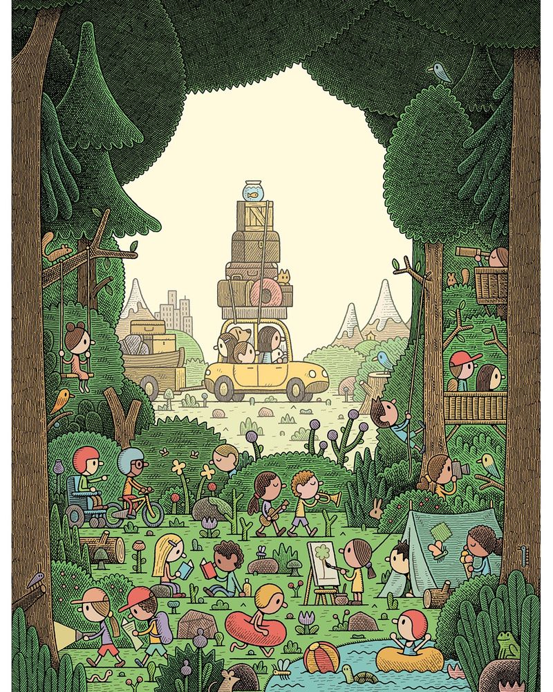 Cover of the New York Times for Kids by Tom Gauld 

A large illustration of a family in a car, absurdly overloaded with luggage on the roof and in a trailer, arriving in the countryside from a city that we can see in the distance. We look out at them from a lush green forest filled with children playing, painting, swimming, climbing, reading, camping, exploring, making music and enjoying the wildlife.