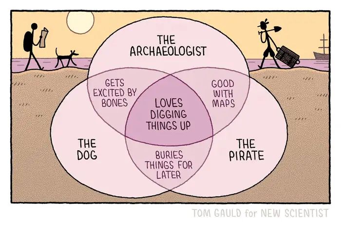 A venn diagram.

The three circles are labelled:
The Archaeologist
The Pirate
The Dog

The area where all threel overlap is labelled: Loves digging things up

Dog/Archaeologist overlap is labelled: Gets excited by bones
Pirate/Archaeologist overlap is labelled: Good with maps
Dog/Pirate overlap is labelled: Buries things for later 