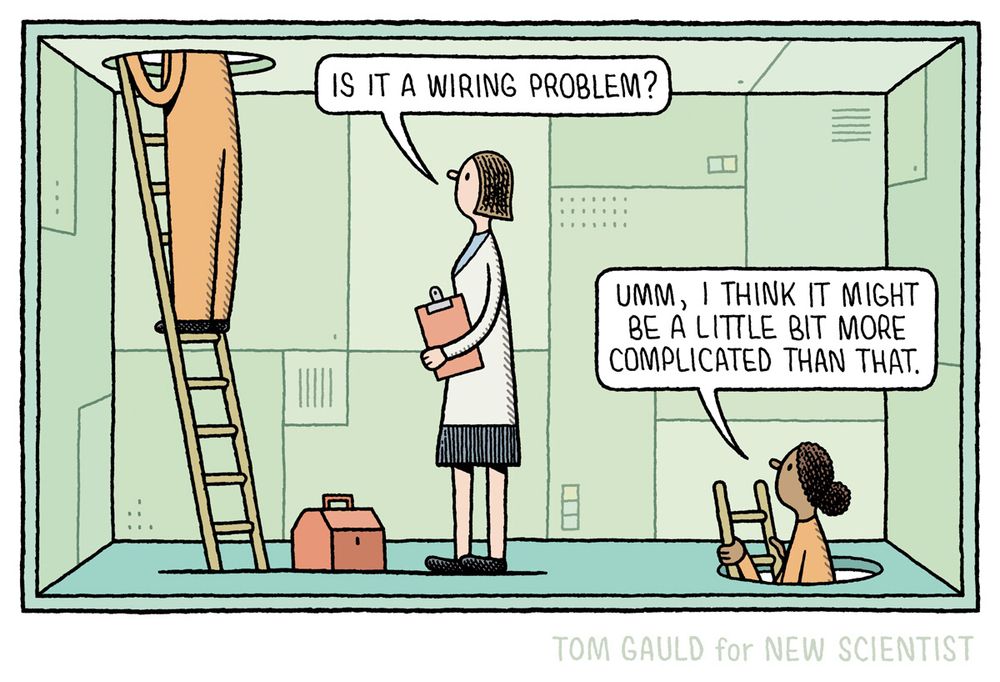 A scientist stands in a panelled sci-fi room. In front of her is a tool box and a ladder that an orange-overalled technician has climbed to access a hole in the ceiling. The scientist asks "Is it a wiring problem?'. "umm, I think it's a bit more complicated than that." says the technician who’s top half is now emerging behind the scientist from a hole in the floor, while her lower half is still visible in front of the scientist. 
