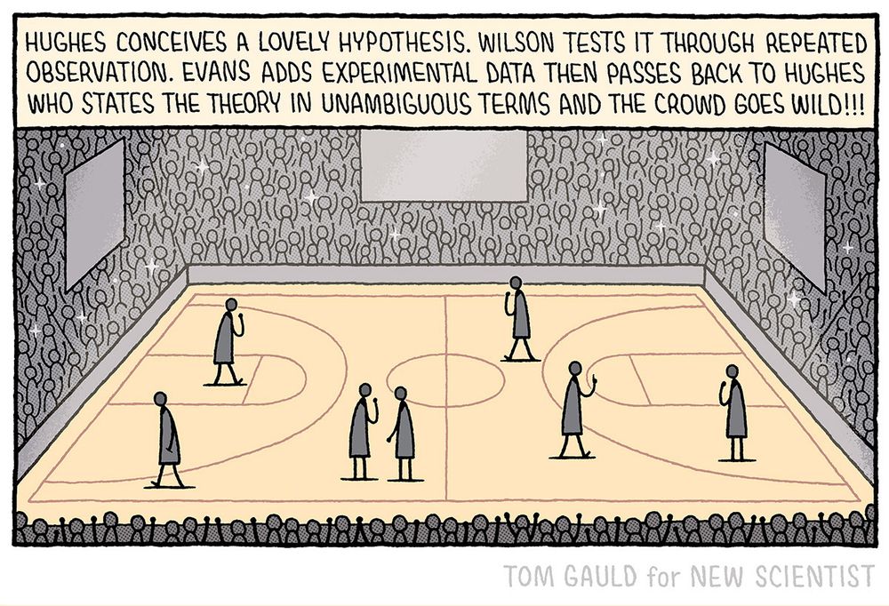 A crowded stadium. Thrilled fans watch from the terraces, fixated by the figures on the brightly-lit court.

Over the noise, the commentator shouts excitedly:
"Hughes conceives a lovely hypothesis. Wilson tests it through repeated observation. Evans adds experimental data then passes back to Hughes, who states the theory in unambiguous terms and the crowd goes wild!!!"