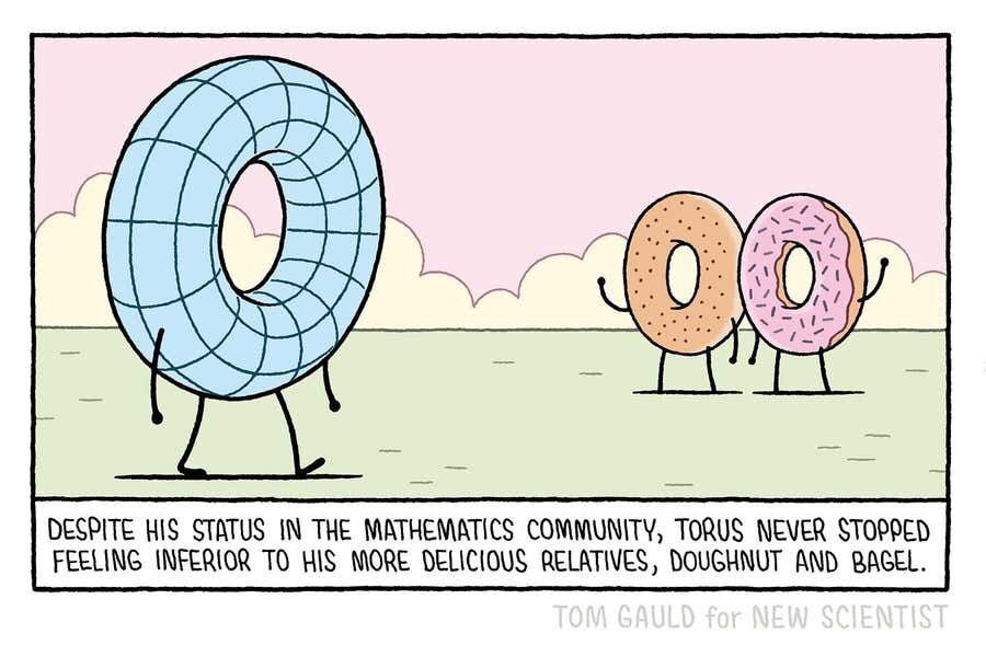 Caption: Despite his status in the mathematics community, Torus never stopped feeling inferior to his delicious relatives, doughnut and bagel.