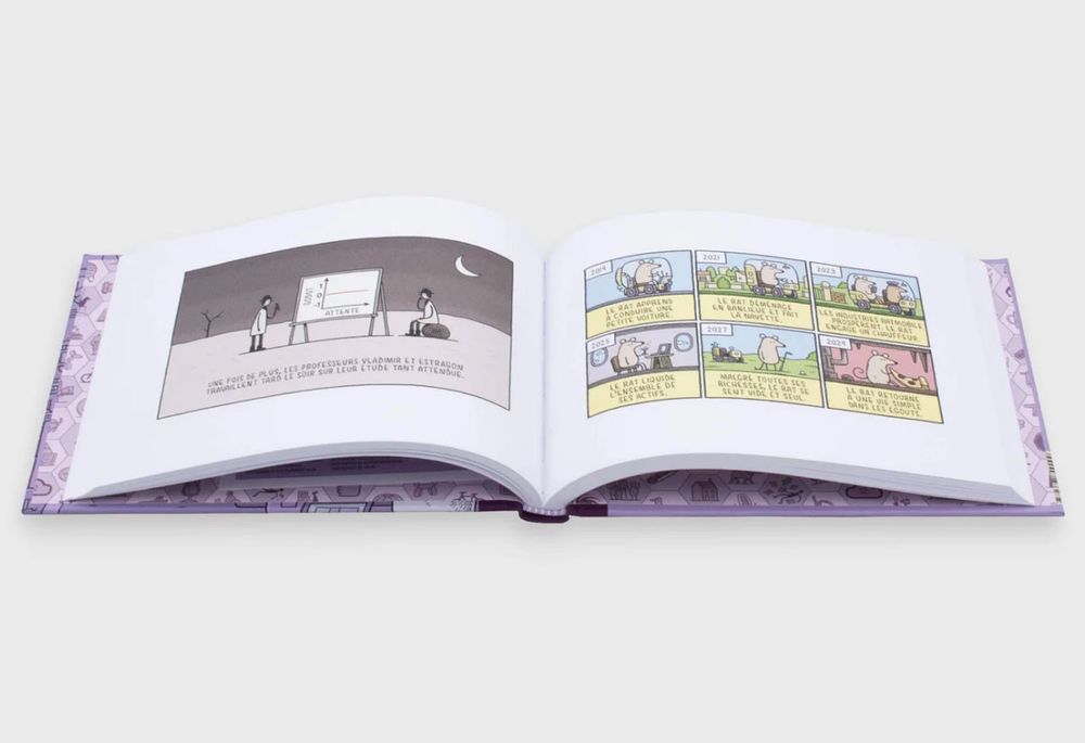 A spread of cartoons from the book "La Physique Pour les chats 
Un livre de Tom Gauld"