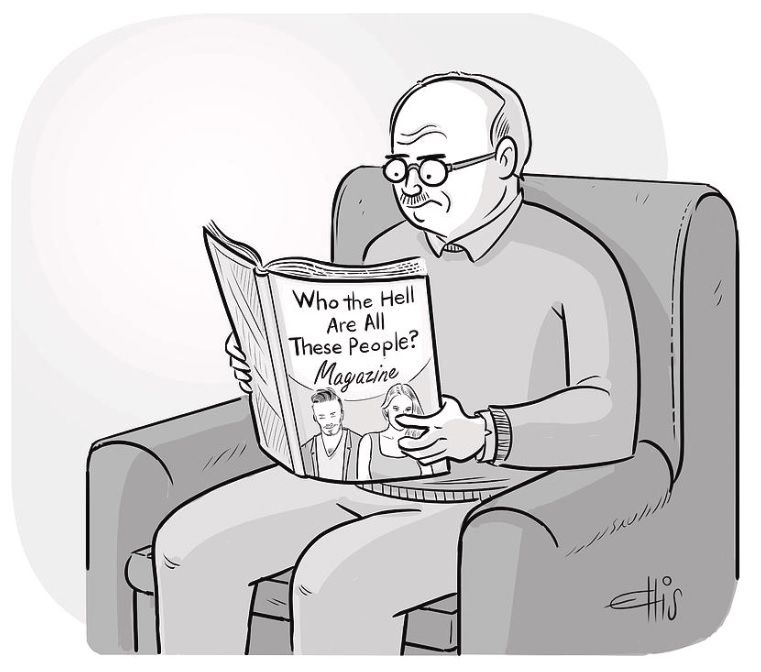 A disgruntled man reading a magazine called Who The Hell Are All These People Magazine