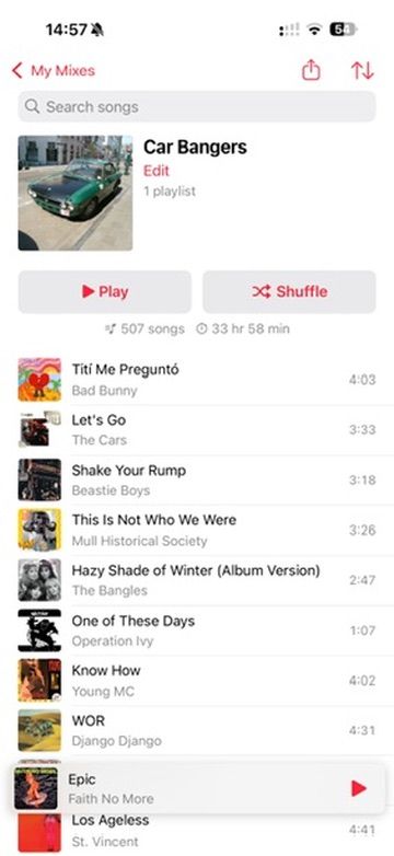 Screenshot of a custom playlist I use for long drives, it has 507 songs in it and needs to be updated quite badly since I don't drive much these days and have been neglecting it