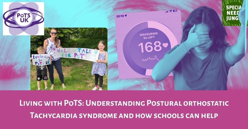 image shows a collage of pots uk logo, a heart rate monitor of 168bpm, POTS uk campaigners and a young person who is dizzy