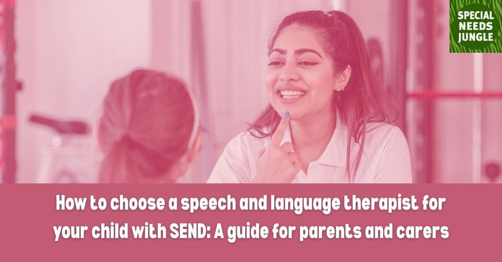 image shows a speech therapist touching her chin to demonstrate a technique to a child colourised in pink
