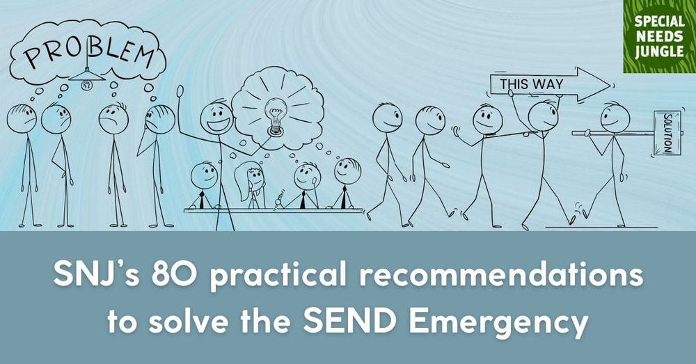 Image shows: A series of stick figures going from problem, idea to solution against a blue swirl background.