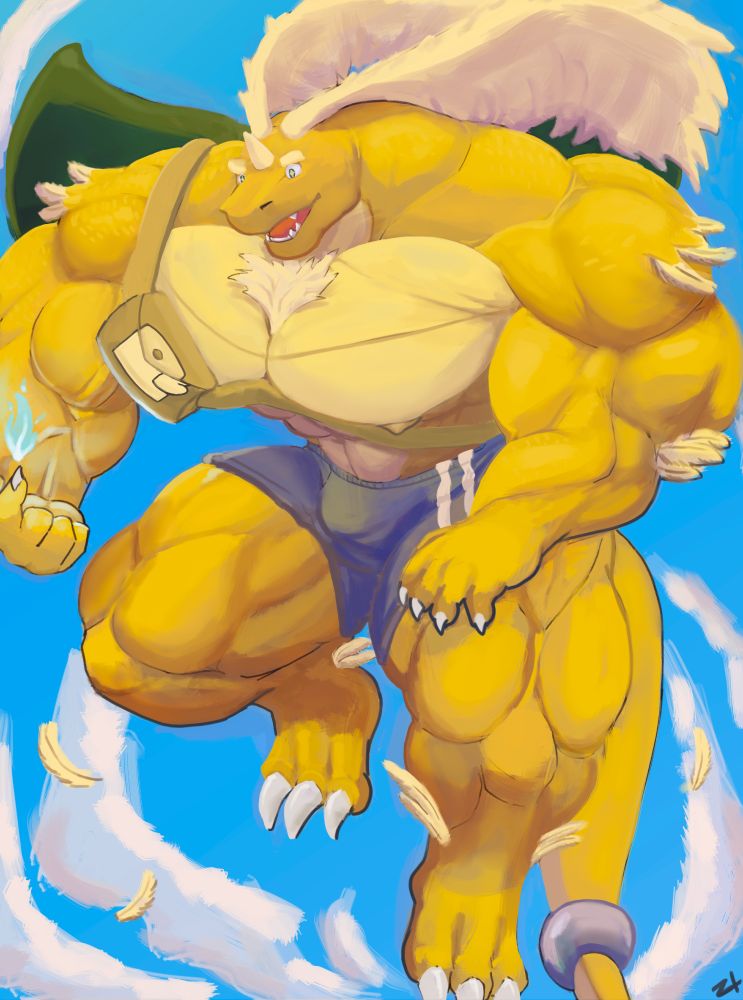 A big Mega Dragonite with a mail bag flying through the air.