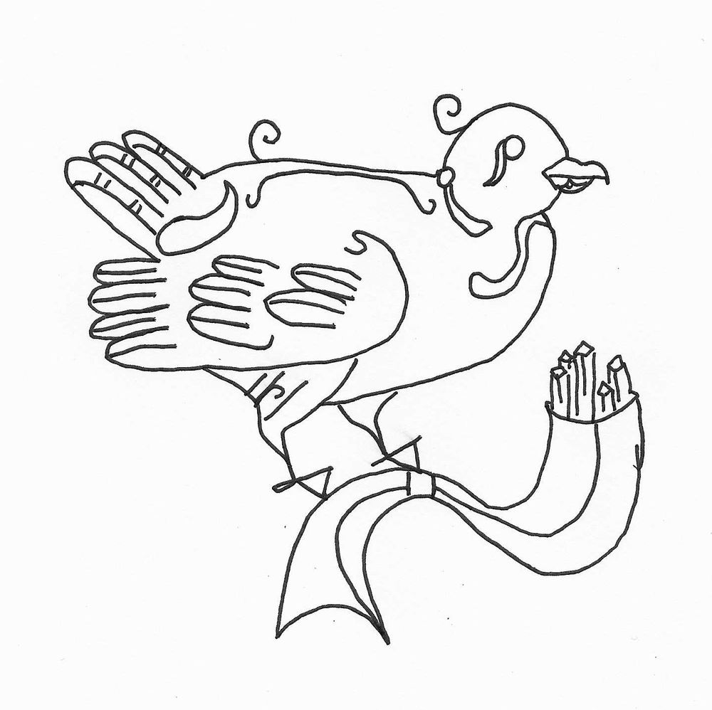  A line drawing of a seagull that hads just snatched a bag of chips (french fries for the US)  using pictish symbols found carved on stones all over Scotland.