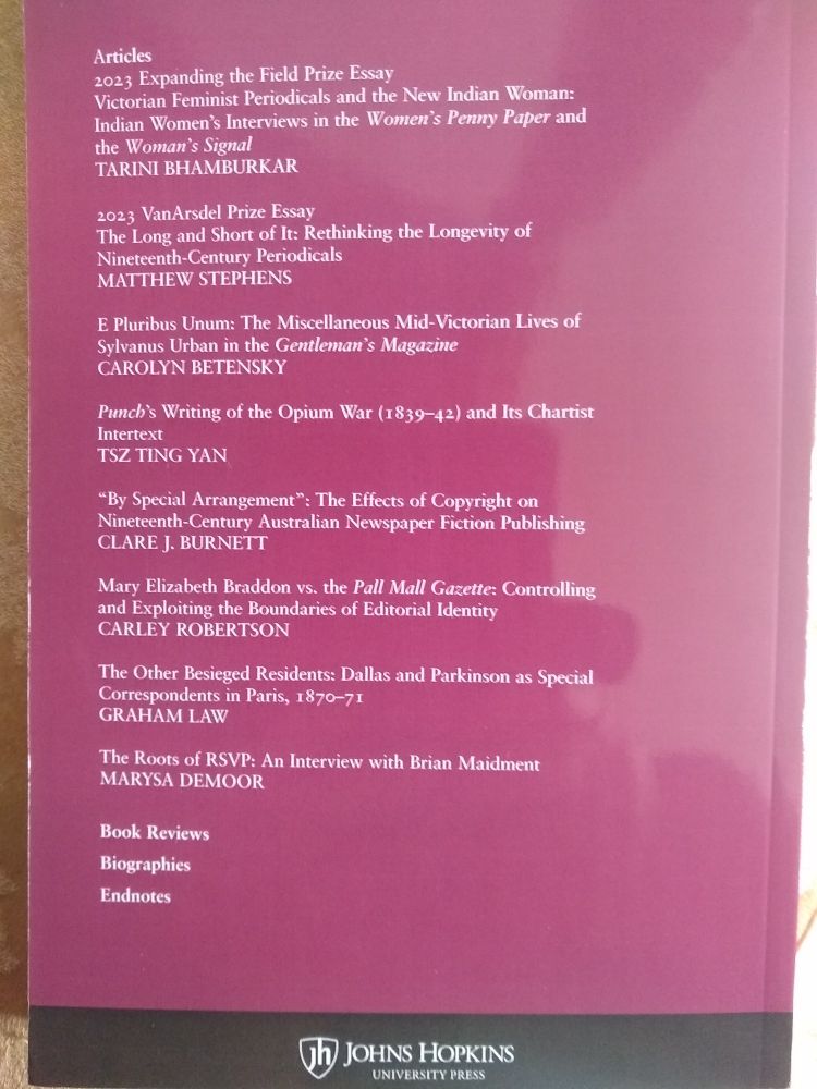 Photo of rear cover of Victorian Periodicals Review, Vol 57 Number 1 &2, Spring/Summer 2024, print edition, with summary of contents.