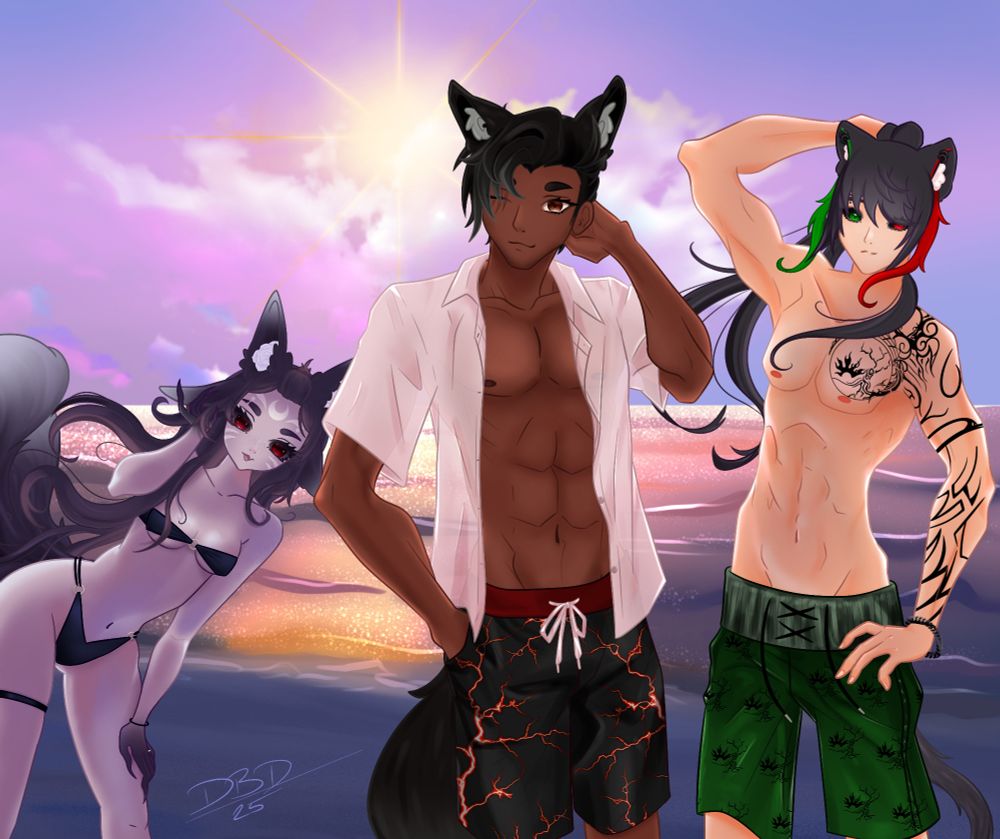 Three anime characters dressed for the beach with the sunsetting in the background. The first character is a fox girl in a dark blue bikini. The second is a wolf boy in black swim trunks and a white open shirt. The third is a ferret boy in green swim trunks. 