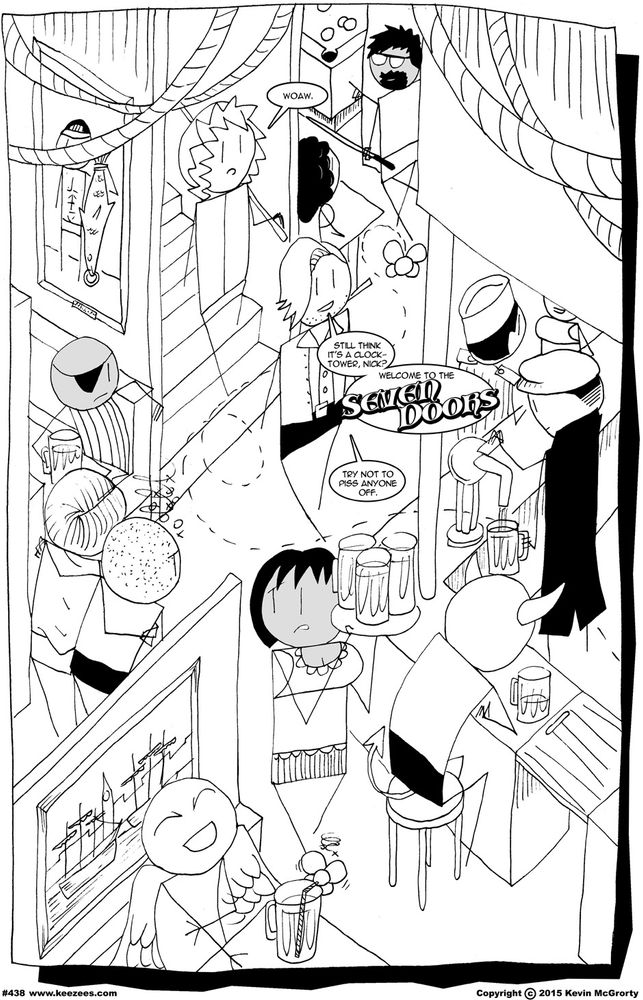A splash page episode of Keezees, showing the bustling interior of the Seven Doors pub.