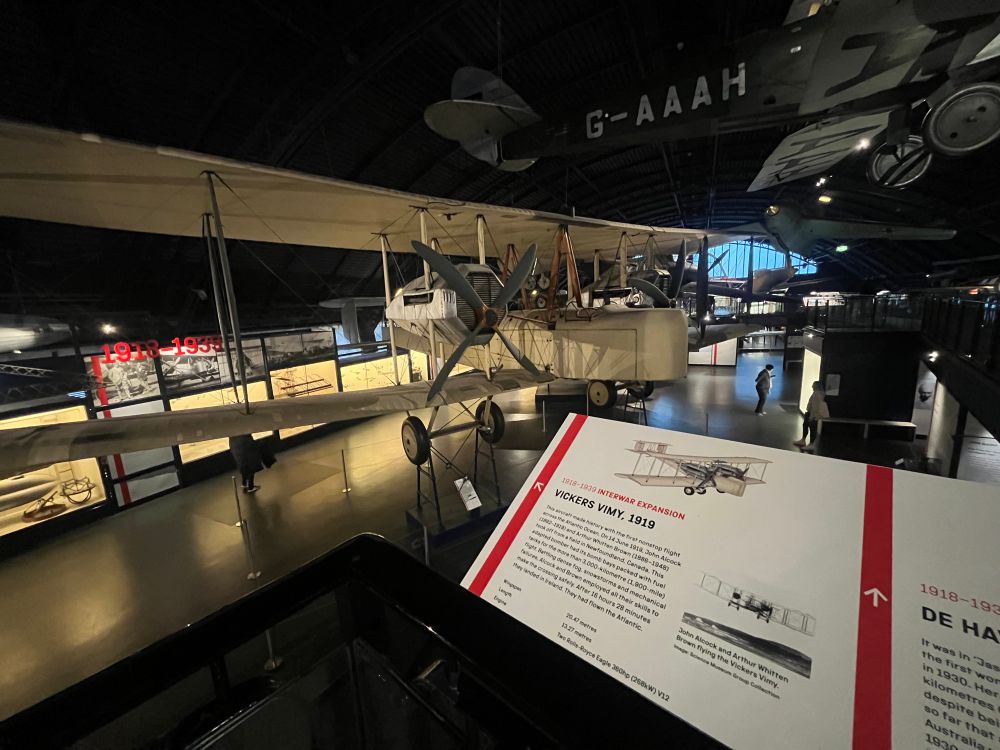 Vickers Vimy plane hanging in the flight section of the museum