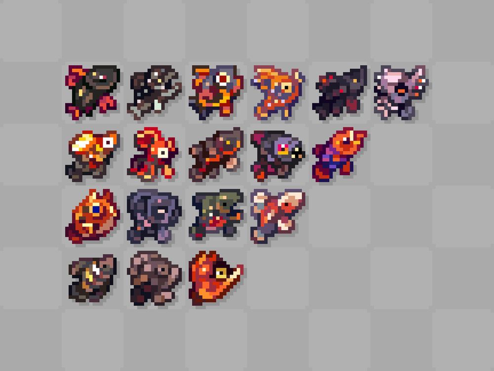 From top to bottom, left to right: Hot Cod, Volcanic Remora, Boiling Boxfish, Ashen Gourami, Blackmouth Salmon, Volcanic Goldfish, Black Velvetfish, Ashen Grouper, Ashen Tuna, Emberpike, Charred Char, Volcanic Butterflyfish, Volcanic Spikefish, Volcanic Piranha, Wailing Walleye, Ashen Sturgeon, Volcanic Arowana, Driftfish Raider