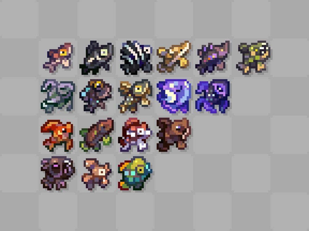 From top to bottom, left to right: Mud Minnow, Gloom Mullet, Autumn Sprat, Twisted Fangtooth, Snake Mackerel, Tiny Mudskipper, Mud Pike, Gloopy Goldfish, Barred Knifejaw, Grave Gudgeon, Twisted Koi, Green Terror Cichlid, Alligator Gar, Ocean Moonfish, Mud Catfish, Twisted Sturgeon, Mimifry, Goliath Tigerfish