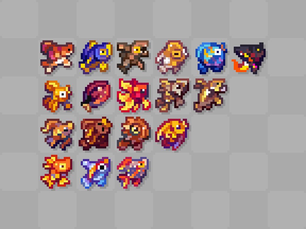 From top to bottom, left to right: Burnt Basa, Goldfish, Summer Sprat, Canyon Perch, Solar Mackerel, Sunburnt Surgeonfish, Mesa Flounder, Congo Tetra, Barrockuda, Blazing Betta, Scorpionfish, Blazing Gourami, Golden Cichlid, Golden Snapper, Flame Angelfish, Painted Discus, Golden Trout, Phoenix Angelfish