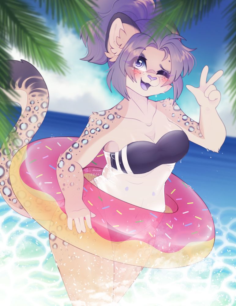 A cream-coloured snow leopard with purple-ish blue rosettes cradles a doughnut shaped inflatable to her body. she is in a well-lit tropical environment, with palm trees obscuring the corners of the image. she is wearing a one-piece swimsuit, which covers the important bits but leaves everything else visible under a glossy sheen. they give the camera a half-way gesture between a peace sign and a wave with a blush-fueled smile.