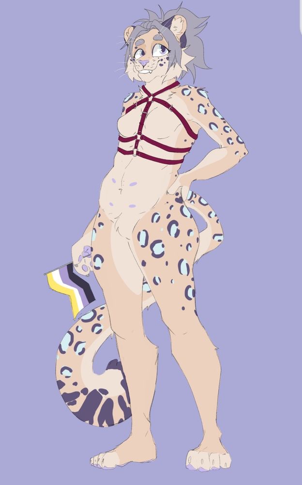 A snep in a lilac harness, holding a nonbinary pride flag. 