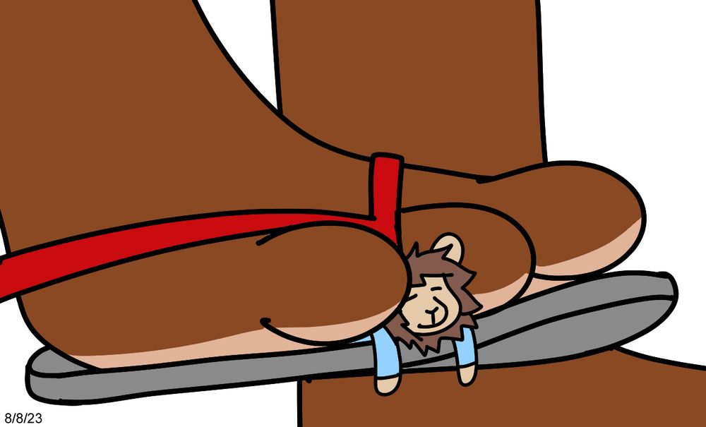 Anthro bunny feet in slippers taking a step with a tiny lion furry between some toes.