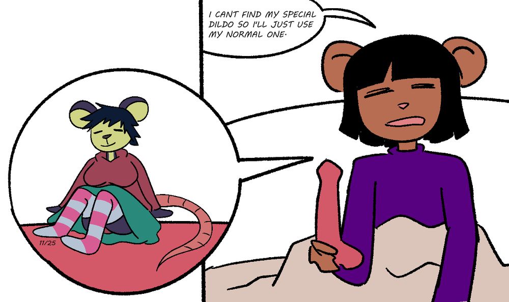 Tiny mouse it in stockings sitting on the dildo of a larger sleepy mouse girl who's about to do things.