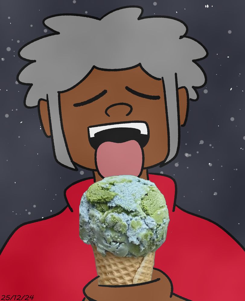Drawing of a dark skinned curly haired person licking green and blue ice cream that looks like a planet cropped from a photo.