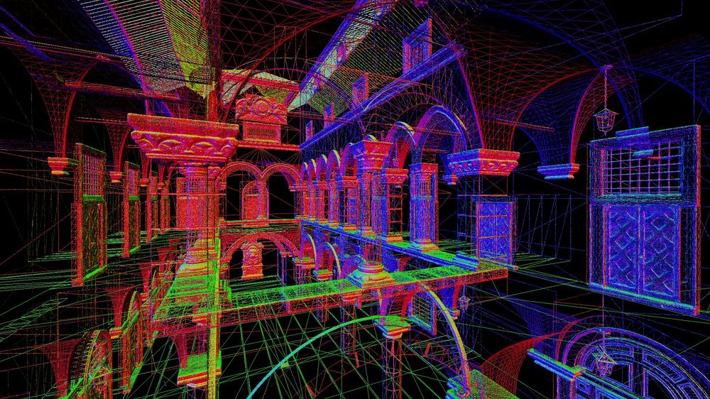 3D model of Sponza drawn as a multicolored wireframe